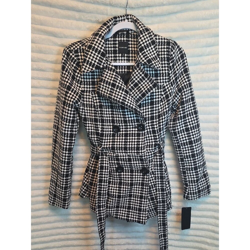 Rampage Womens Black‎ White Plaid Belted Pea Coat Jacket 99R831 Small NWT
